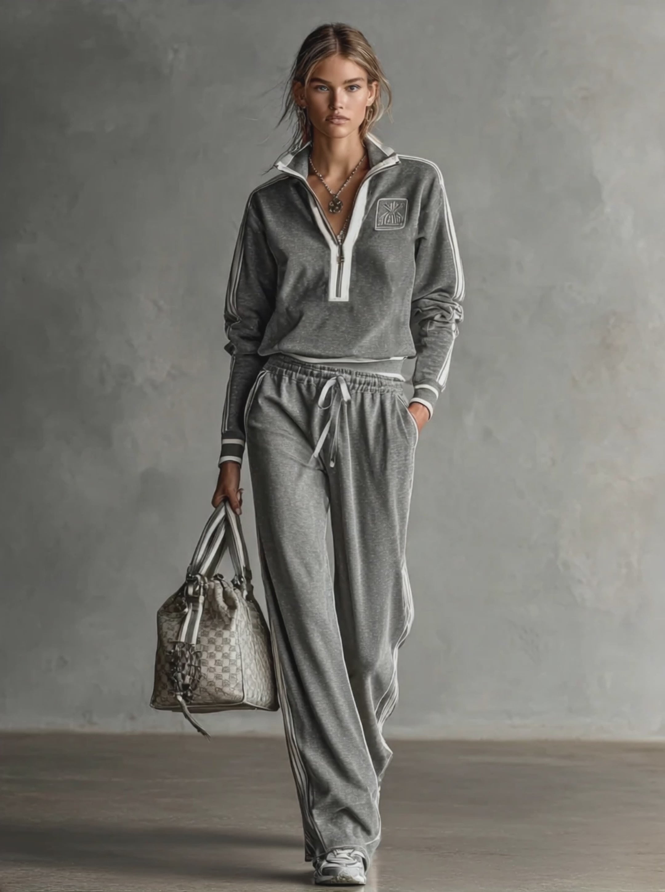Women's Cotton Blend Embroidered White Trim Zipper Stand Collar Sweatshirt And Sweatpants Set MDA0782H9Y